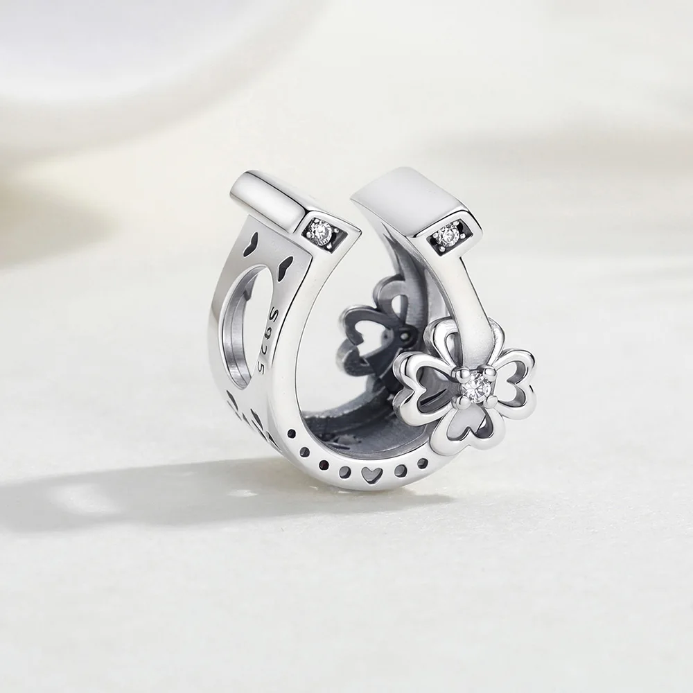 925 Sterling Silver Lucky Horseshoe Four Leaf Clover Charm Spacer Bead Fit Original Bracelet Blessing Jewelry Gift For Woman