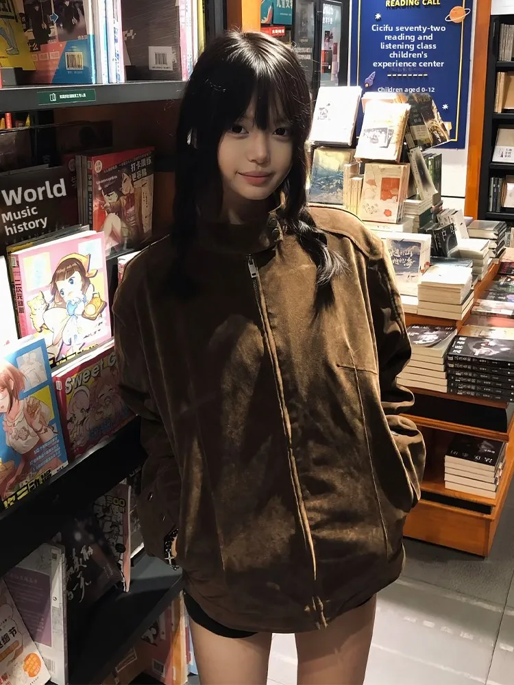 

American Retro Suede ort Workwear Jaet Men's Cleanfit Stand Collar Harlington Jaet Autumn High Sensation Loose Fit Yout...