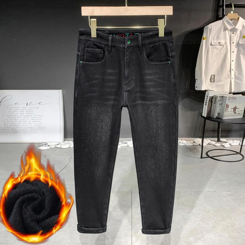 

High-Quality Men's Fleece Jeans Autumn Winter New Style Thickened Warm Loose Straight Denim Trousers Brand Casual Versatile Pant