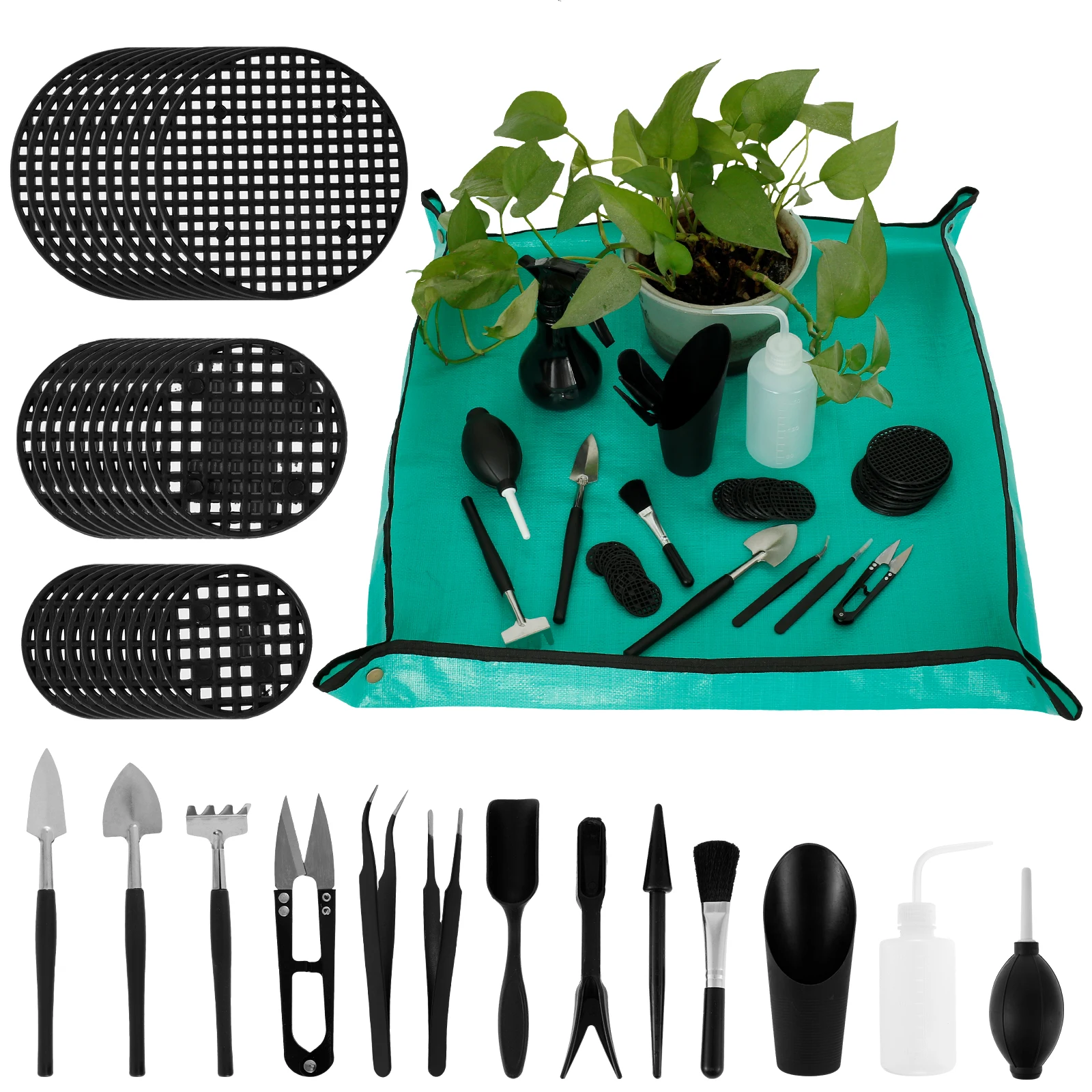 

3Pcs Repotting Mat with 14 Mini Gardening Tools Waterproof Plants Potting Tray with 30 Mesh Pads Foldable Potting Tray Mat Easy