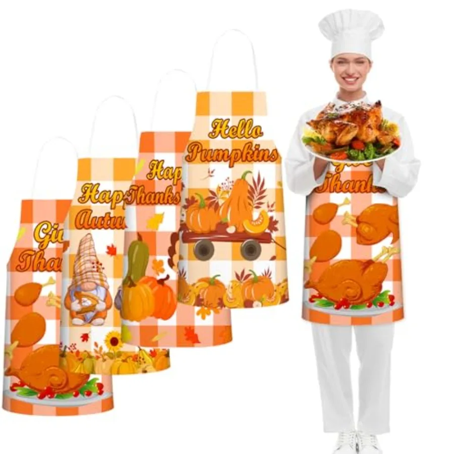 

4 Pack Fall Apron for Women Thanksgiving Cng Aprons Adjustable Waterproof Autumn Harvest Kitchen Aprons for Farmhouse Baking C