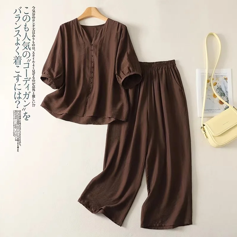 

Cotton And Linen Set Women's Mid Sleeve Summer Loose Large Size, T-shirt+Wide Leg Pants Two-Piece Outfit , Versatile j110