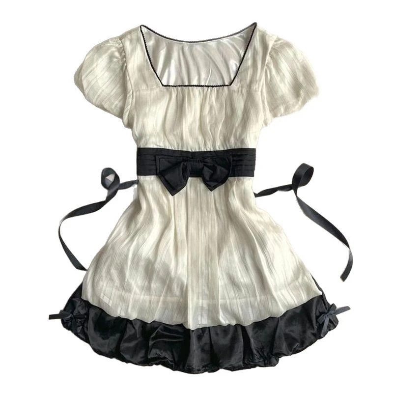 Summer 2026 New French Cute Princess Colorblock Bow Lace Up Square Neck Dress For Girls Teens Women Garden Party Birthday Gift