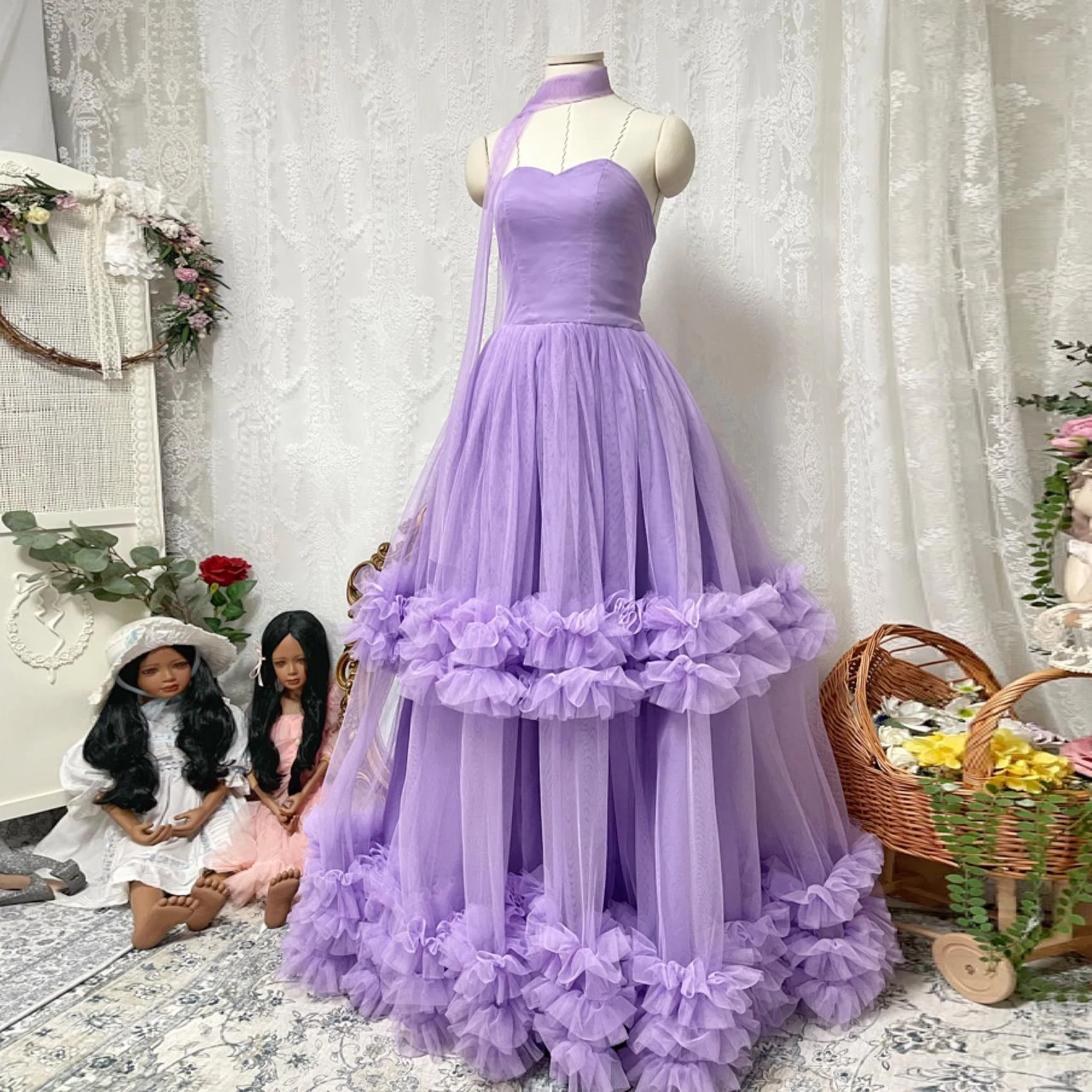 

Real Image Mesh A-line Prom Gowns Pretty Ruffles Tiered Tulle Puffy Women Brithday Party Gowns Floor Length Female Pageant Dress