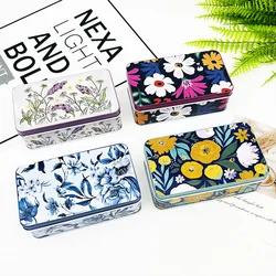 Korean Flower Pattern Candy Storage Tin Box Small Rectangular Empty Metal Jewelry Case Home Coin Earrings Organizer Container