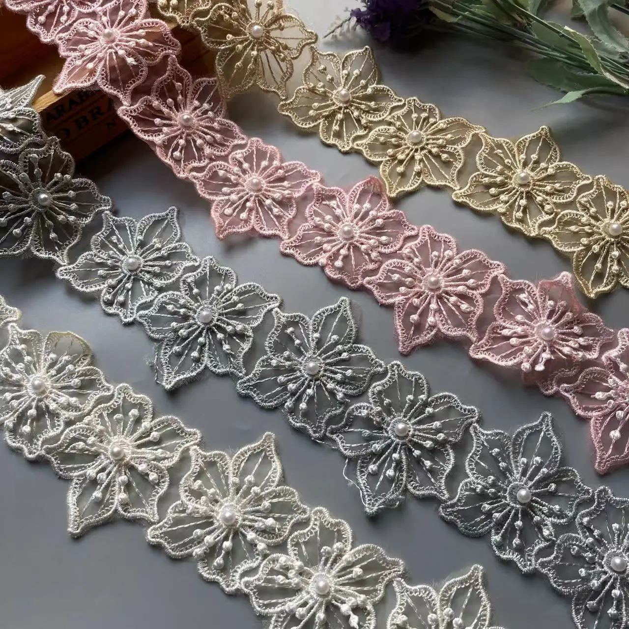 1 Yard Gold Pearl Grape Flowers Soluble Lace Trim Ribbon Embroidered Knitting Wedding Dress Handmade Patchwork Sewing Supplies