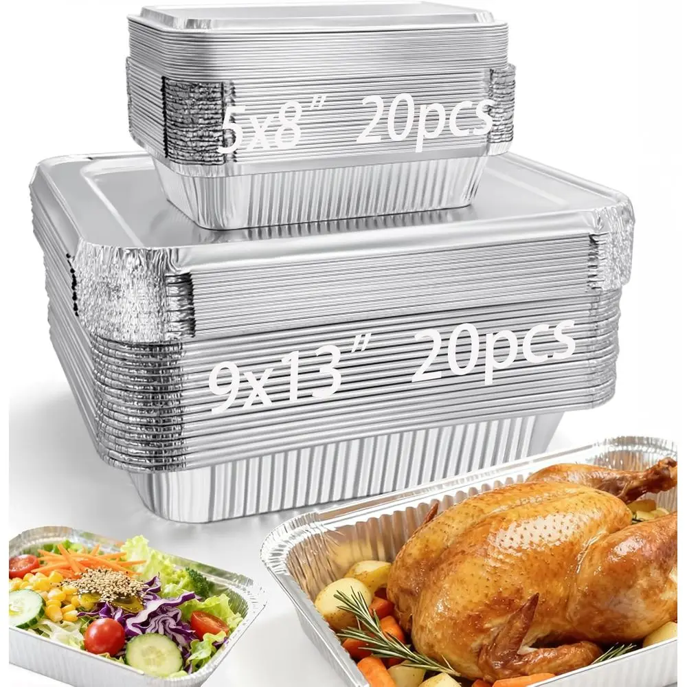 

40-Count Disposable Aluminum Pans Combo: 20pcs 9x13 & 20pcs 8.2x5.7 Square with Lids, Ideal for Baking and Cakes