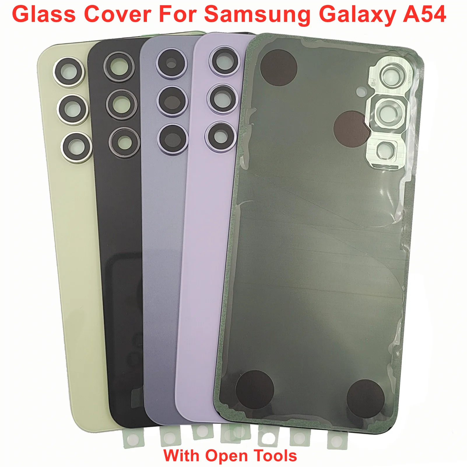 For Samsung Galaxy A54 Glossy Glass Battery Cover Hard Back Lid Rear Door Housing Case + Camera Lens Adhesive Sticker