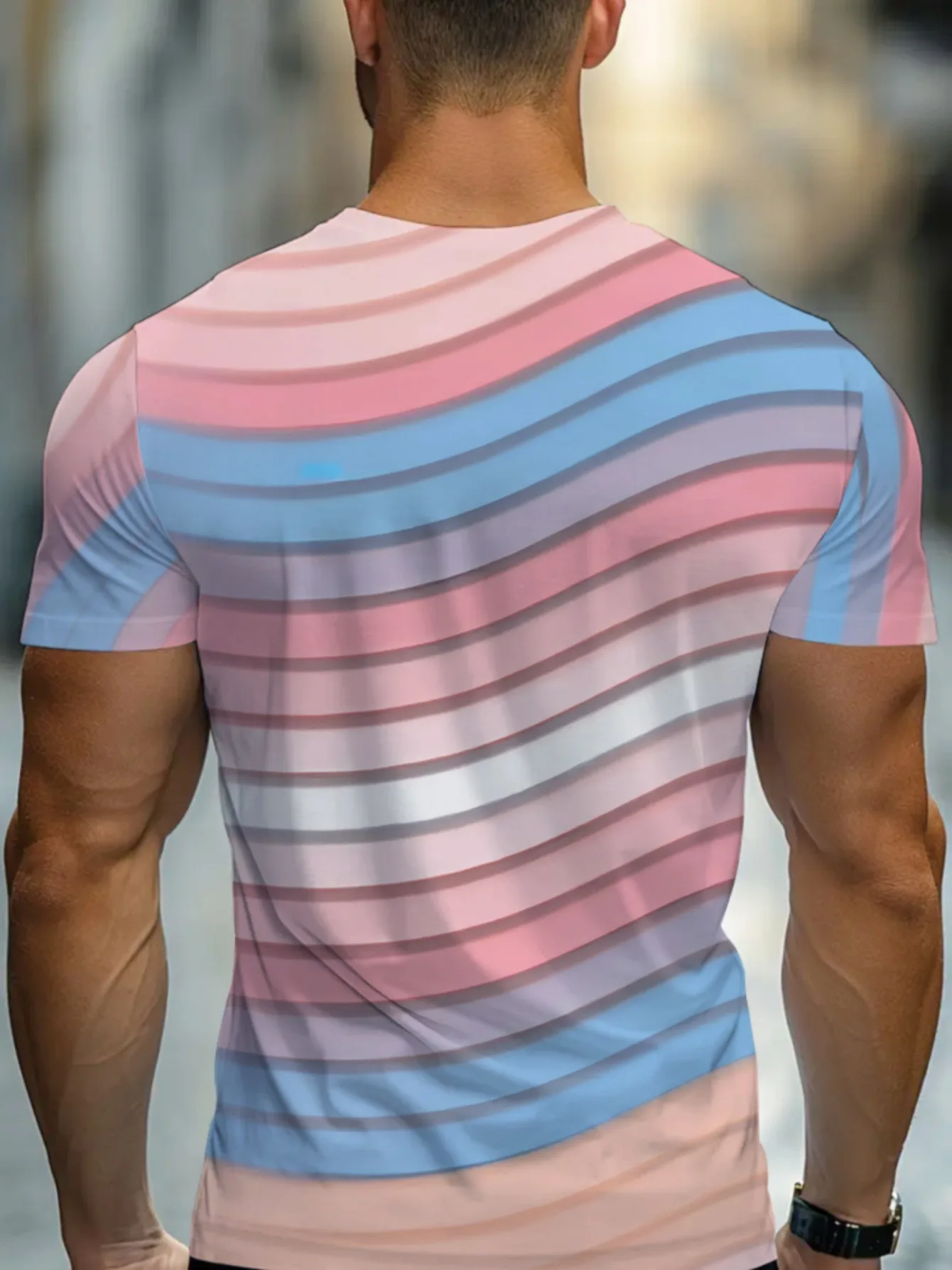 Men Mesh Sports T‑Shirt Gradient Curved Stripe O‑Neck Short Sleeve Summer Slim Casual Top