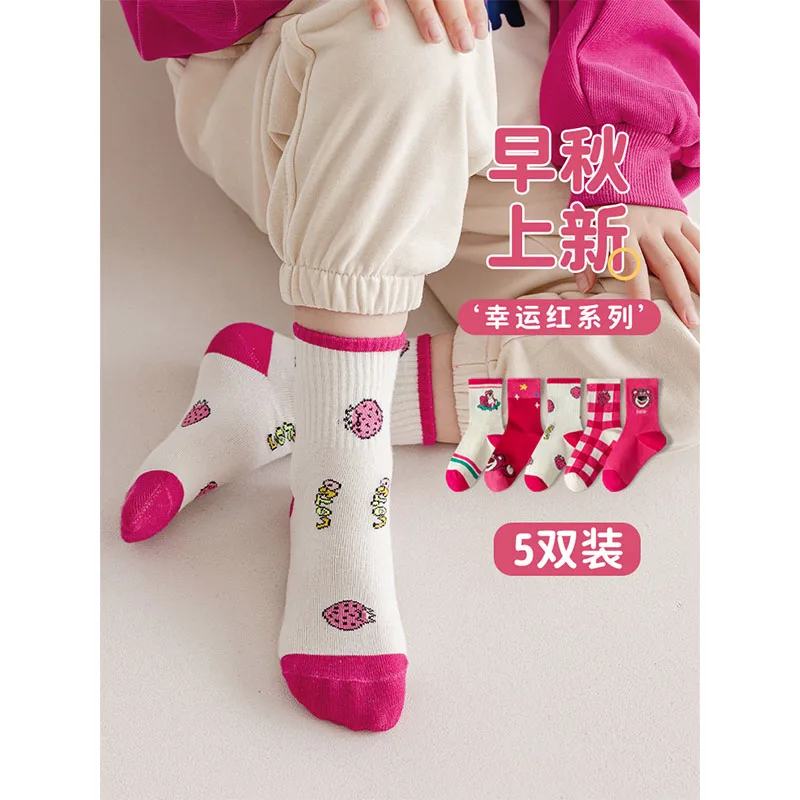 

5 Pairs Disney Lotso Girls Socks Cartoon Kawaii New Red Children's Socks Fall And Winter Cotton Socks Girls Gift