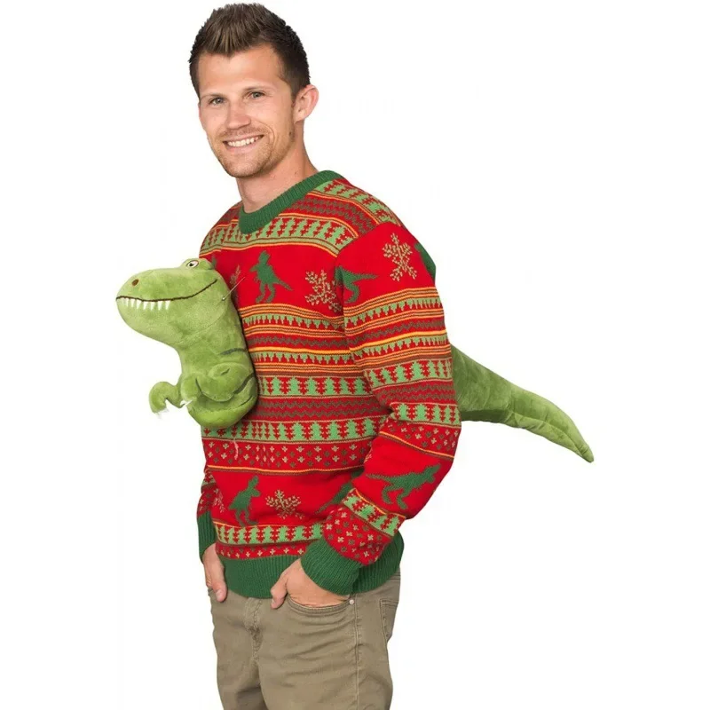 Knitted Christmas Sweater Unisex 3d Dinosaur Ugly Cartoon Clothing Doll Pullover Funny Parties Holiday Jumper Top Cool Gift