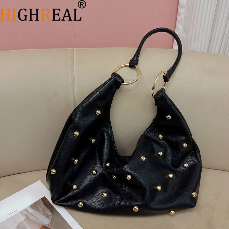 

Large Capacity Rivet Tote Shoulder Bag Soft PU Leather Handbags and Purses Luxury Studded Shopper Designer Women's Bags New