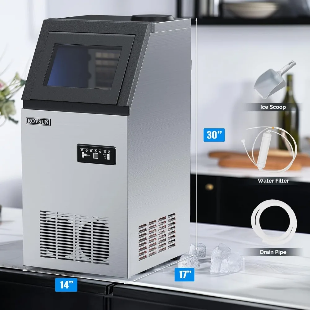 Commercial Ice Maker Machine with 2 Water Inlets, Freestanding Ice Machine with 24lbs Storage Bin, Ice Scoop & Water Filter