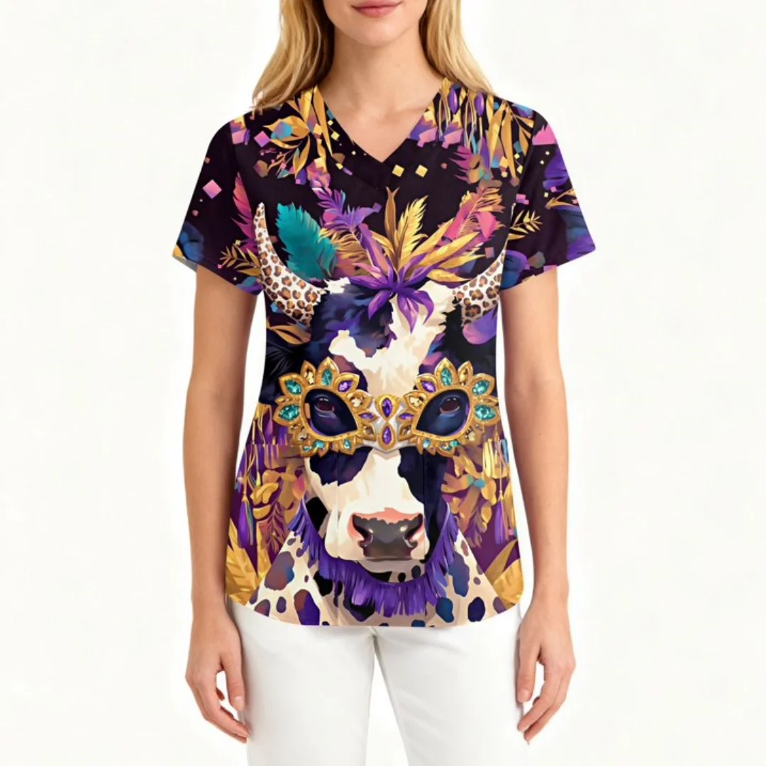 女性用マルディグラススクラブトップ 面白いマスク フェザープリント 半袖 看護師作業服 マルディグラス 快適なスクラブトップ ポケット付き