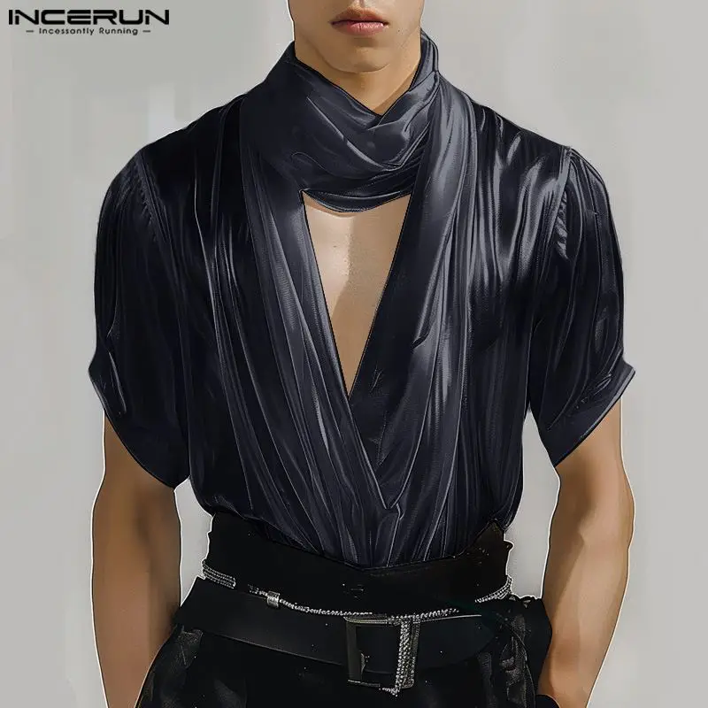 2024 Men T Shirt Solid Color Satin Turtleneck Short Sleeve Hollow Out Streetwear Men Clothing Pleated Fashion Tee Tops INCERUN