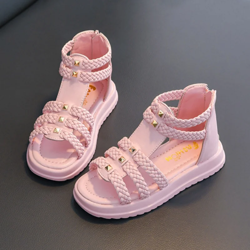 Summer Sandals for Girls 2023 New Versatile Solid Color Korean Style PU Soft Non-slip Flat Casual Weave Roman Shoes for Princess