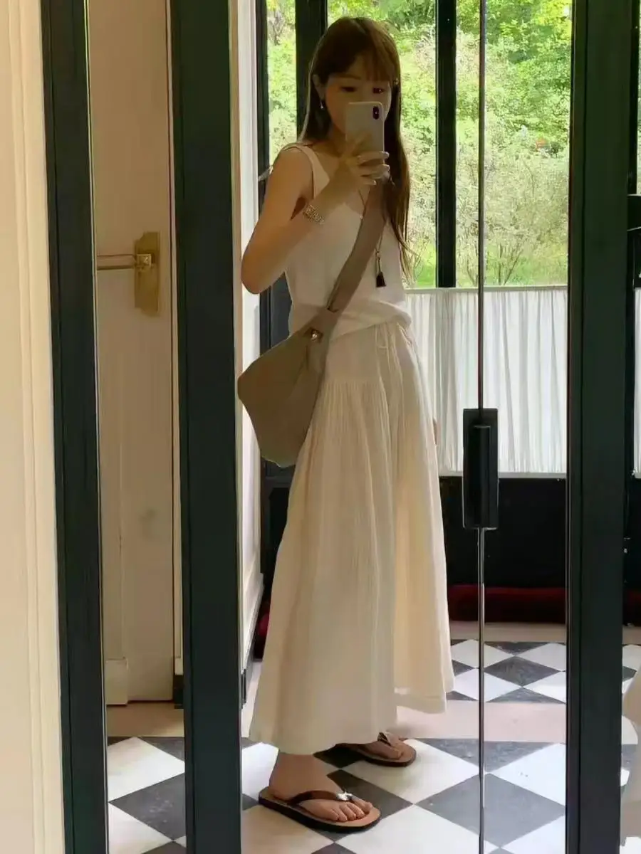 Elegant A-Line  Skirt in Beige Gentle Style Korean Trend High Waist Cotton Material Summer 2026 New Arrival Slimming Effect