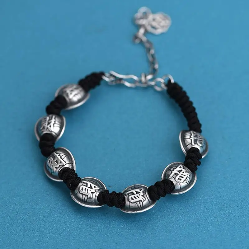 Vintage Ethnic Style Sterling Silver Men's Handmade Woven Turtle Shell Bracelet with Ancient Methods Lucky Gifts