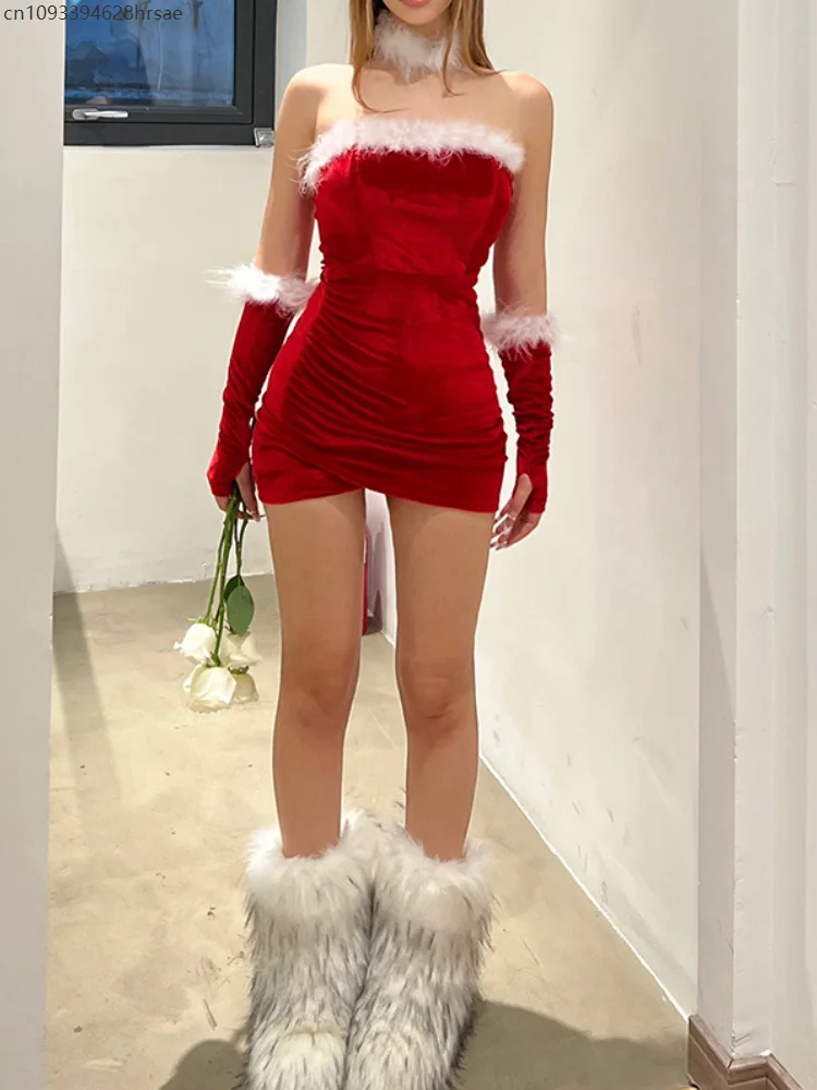 Christmas Fur Collar Women's Dress For New Year Strapless Tight Hip Suspender Dress With Sleeve Mini Club Party Dresses