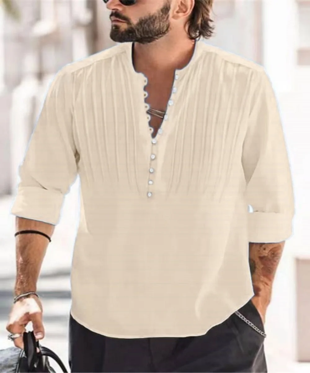 Men's shirt Long Sleeve Spring And Fall All-Cotton Pleated V-neck Trend Business Casual Loose Pullover