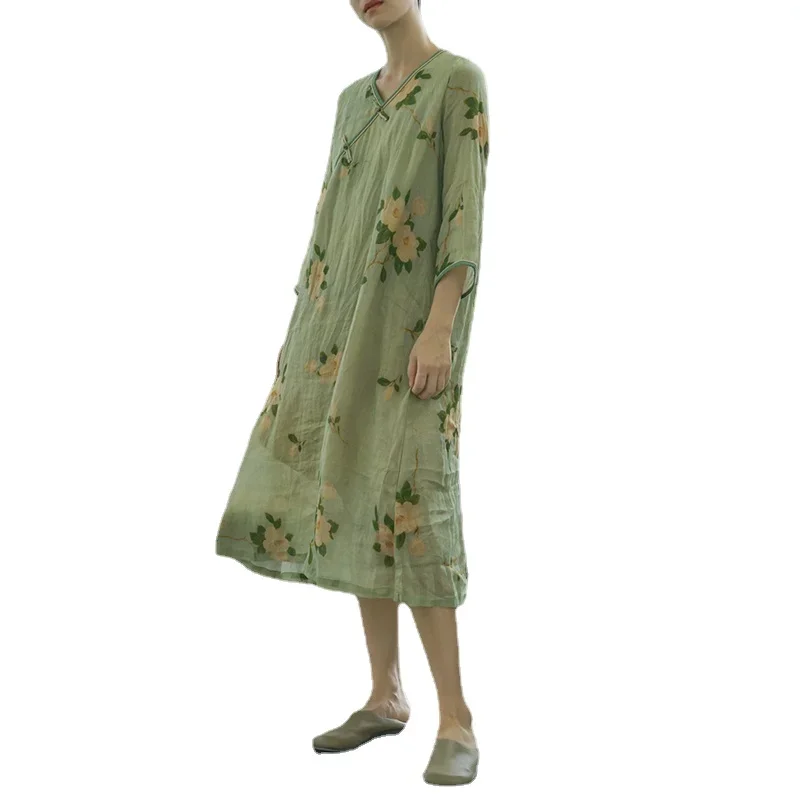 

Dress Women's Summer Cotton and Linen Robe Tea Clothing Improved Cheongsam Artistic National Style Zen Ethnic Style