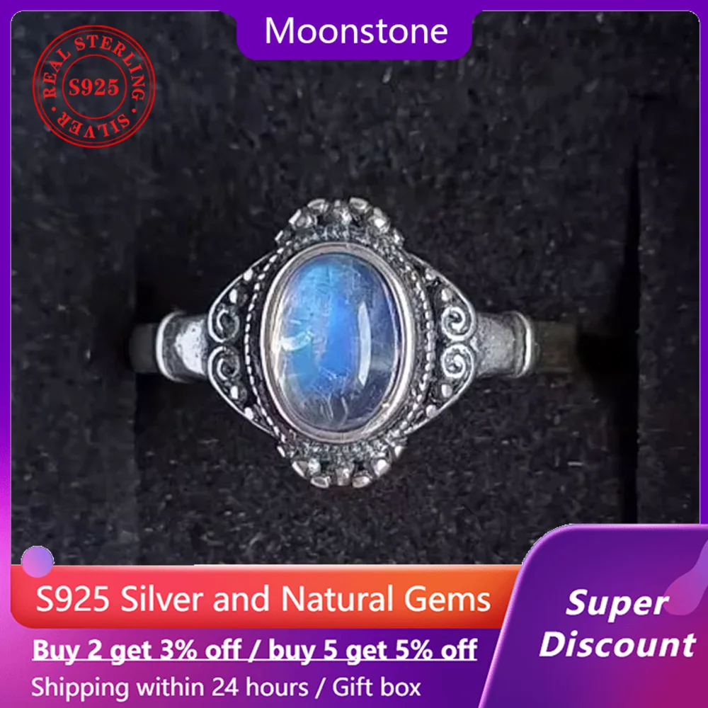 

925 sterling silver moonstone ring, 7 * 5mm natural blue moonstone women's ring, classic retro men's ring, adjustable jewelry