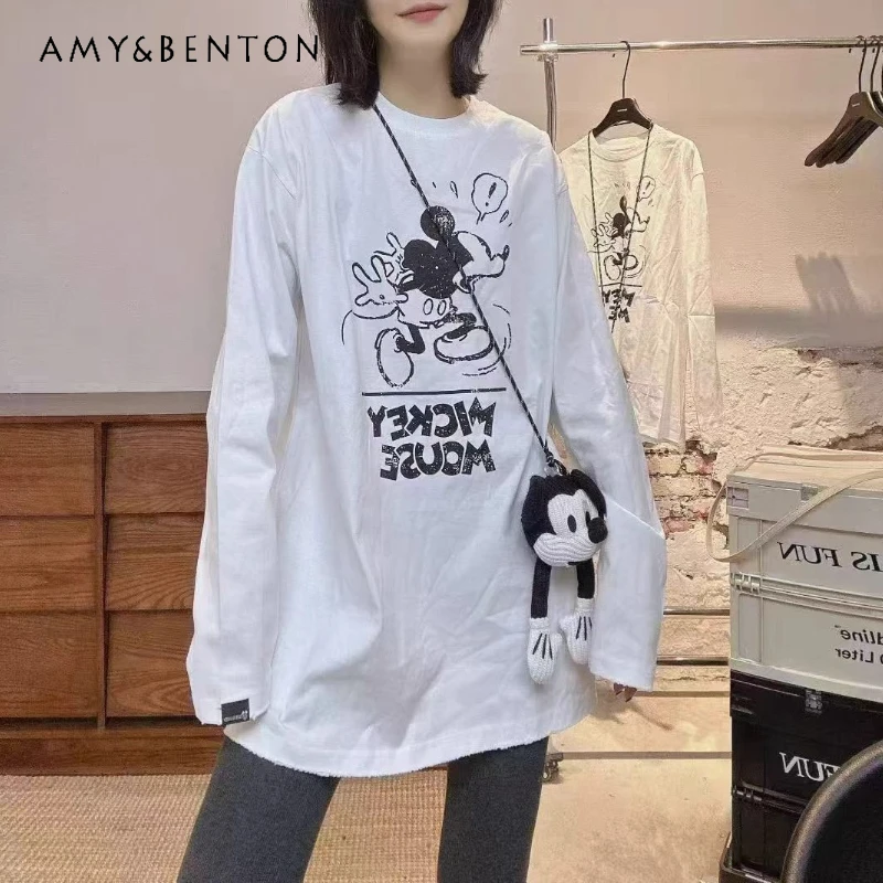 

2025 Winter New Loose Y2k Mid-Length O-neck Top Tshirts Heavy Industry Retro Versatile Long Sleeves Sweatshirt T-shirt With Bag