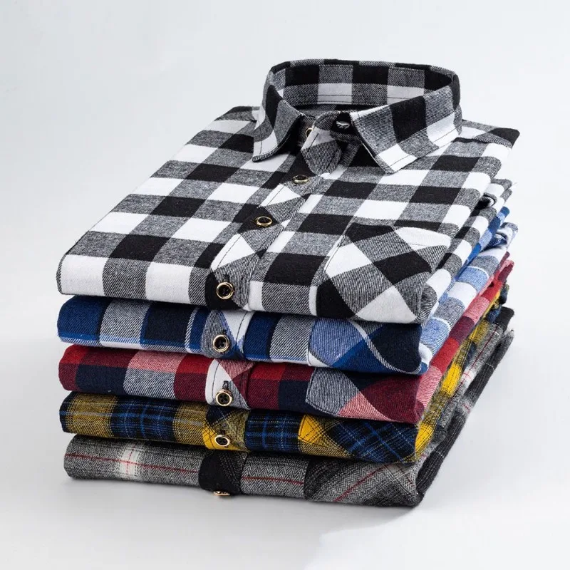 

Spring Autumn 2024 Sanding Plaid Korean Version Pocket Plus Size Long Sleeve Casual Shirt Young Middle-aged People Men's Blouse