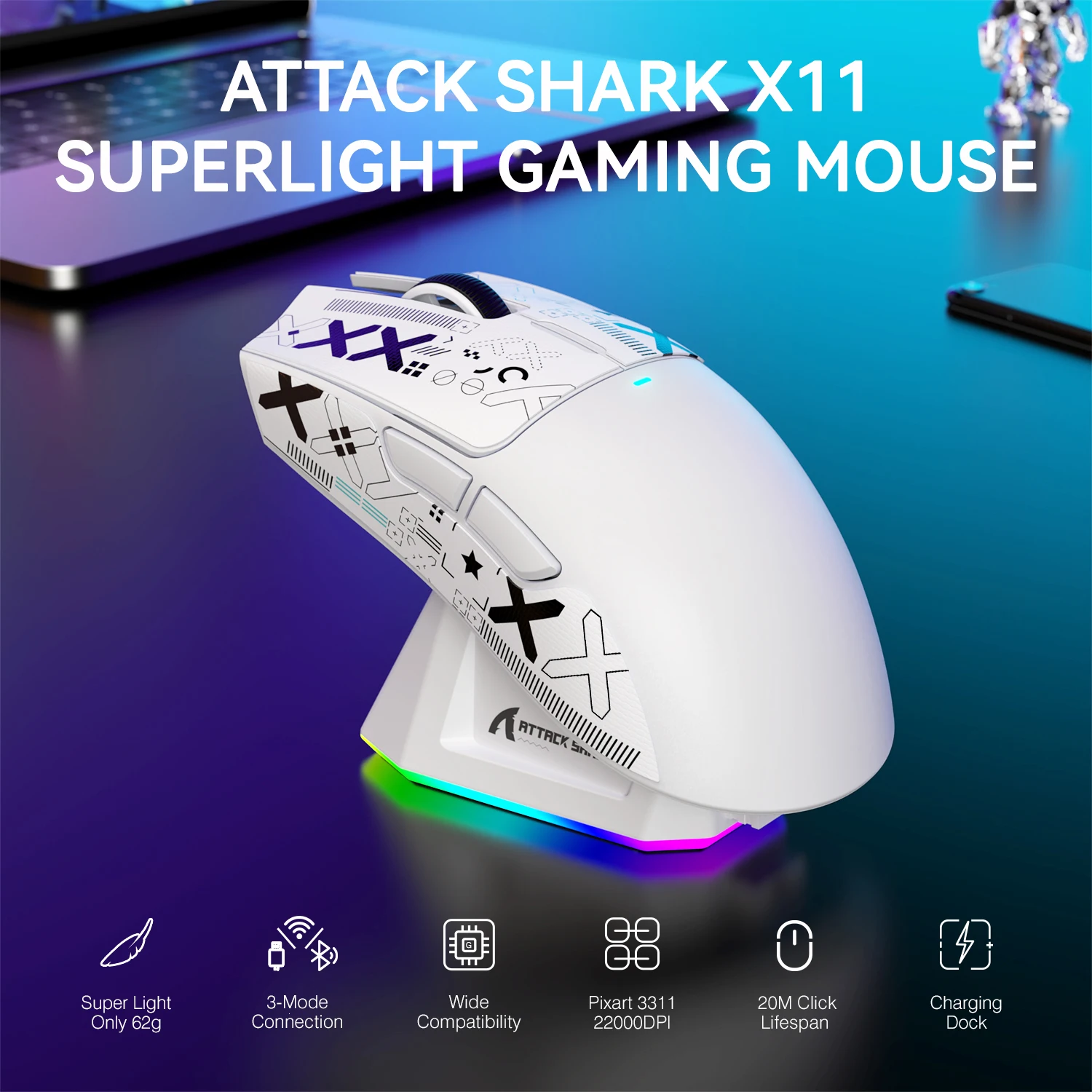 ATTACK SHARK X11 59g Lightweight Wireless Gaming Mouse with RGB Backlight Charging, Up to 22K DPI, PAW3311 Optical Sensor, HUYU Switch