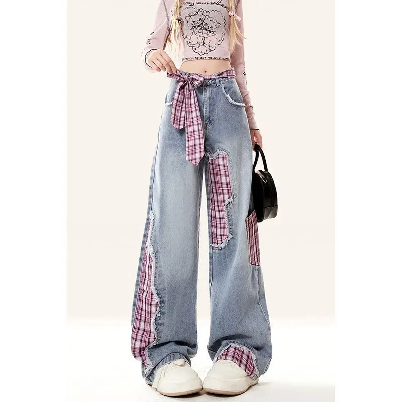 MiiiiX American Retro Plaid Ripped Splicing Jeans Women Long Pants Bow Tie Large Size Loose Slimming Patchwork Wide Leg Trousers