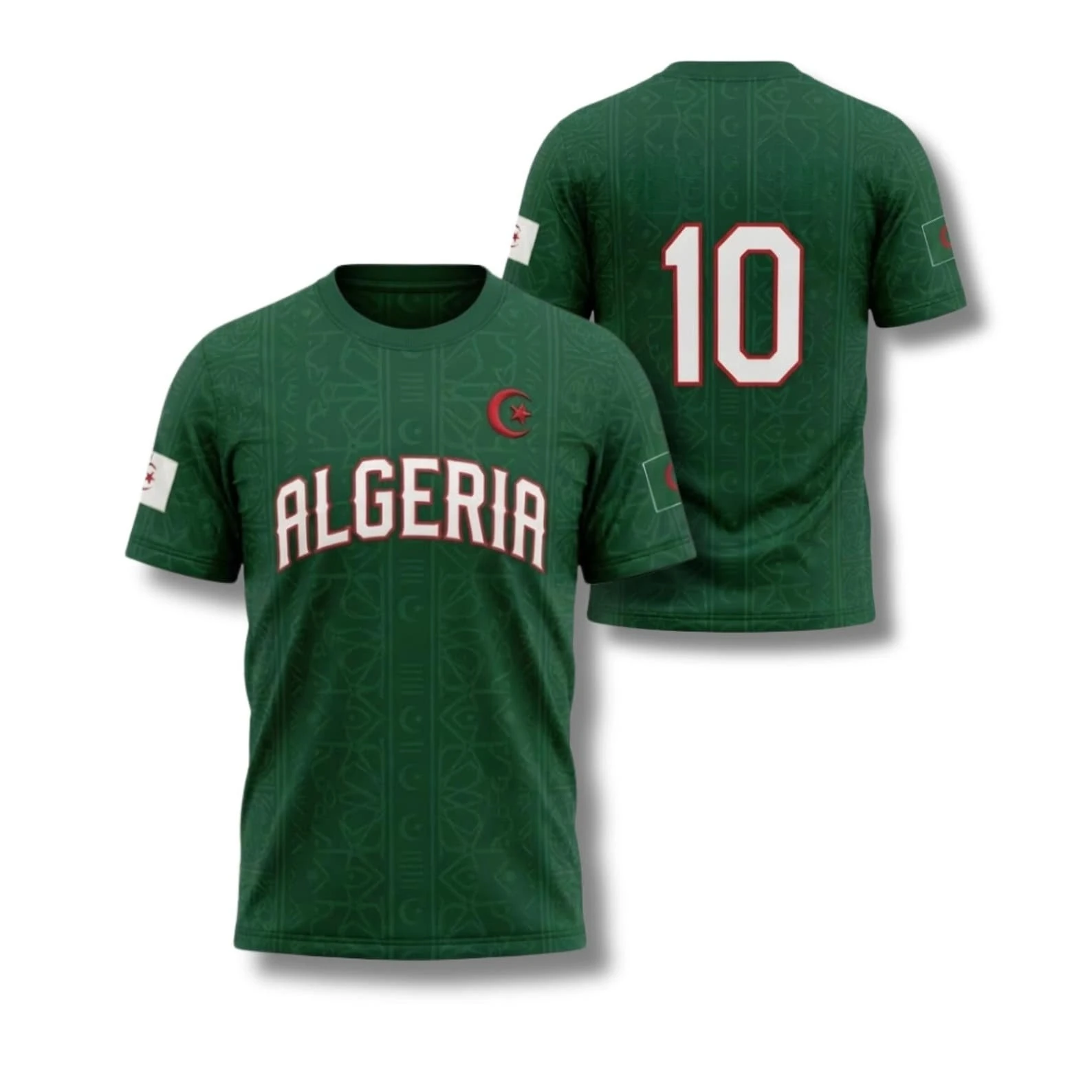 Algeria Team #10 Fan Football Jersey, Green Ethnic Pattern Short Sleeve Breathable Sports Tee Unisex for Men Women
