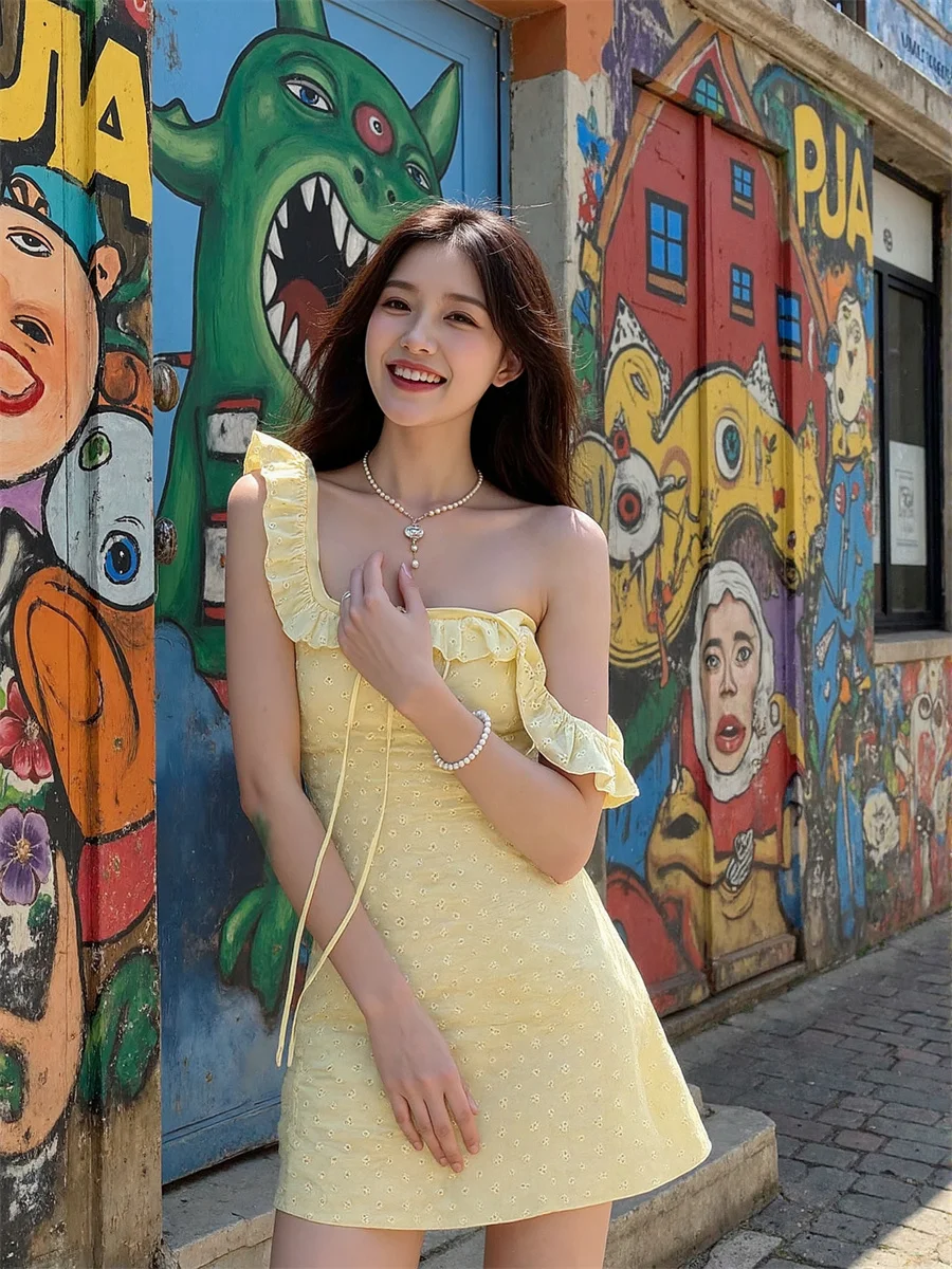 فستان نسائي أصفر على شكل حرف a صيفي قصير بأكمام طويلة ورقبة عالية وياقة مدورة محبوك قابل للتمدد مناسب للمكتب للسيدات احترافي #5