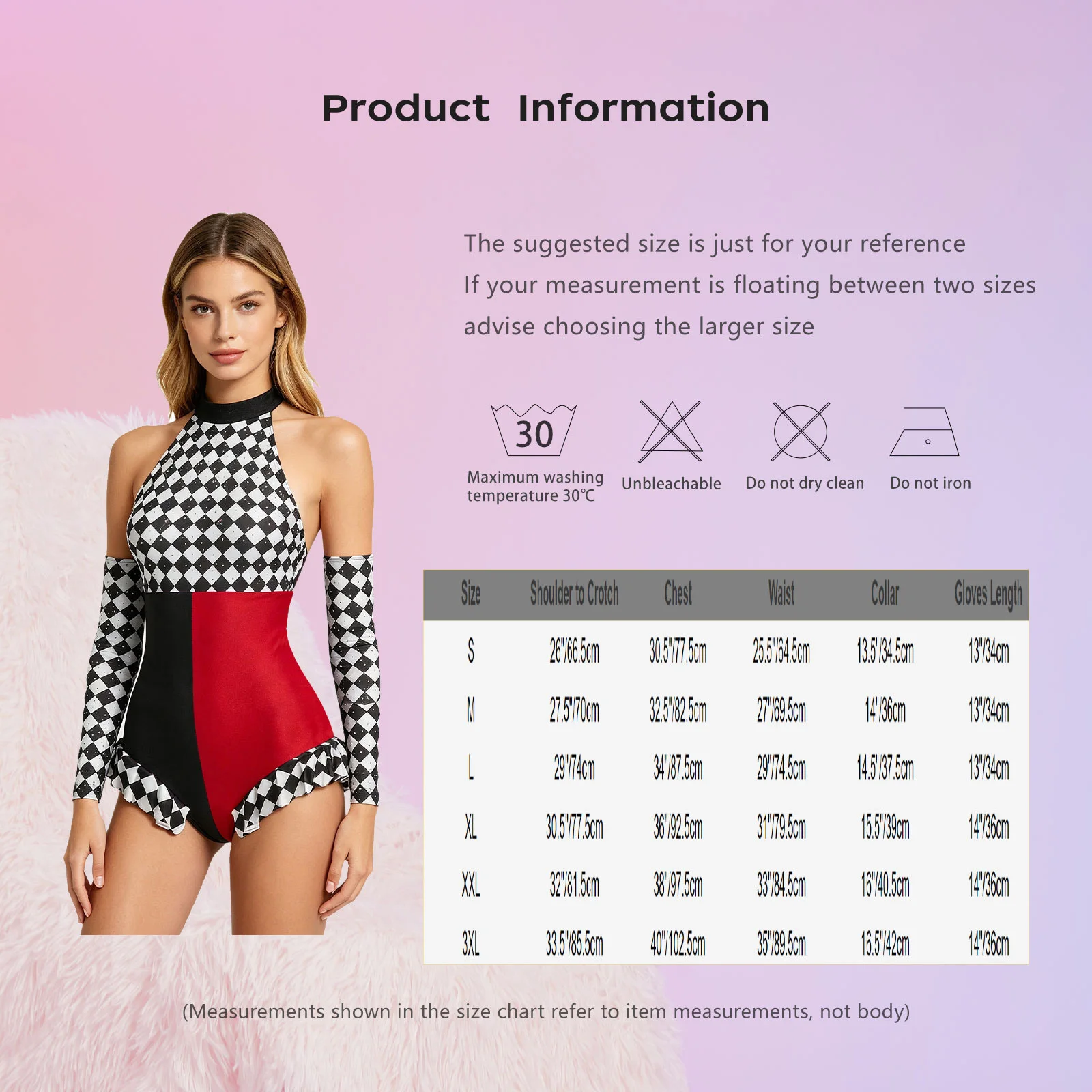 Women Clown Joker Medieval Circus Clown Cosplay Costume Halter Ruffled Color-blocking Checkerboard Jester Dance Leotard+Gloves view 6