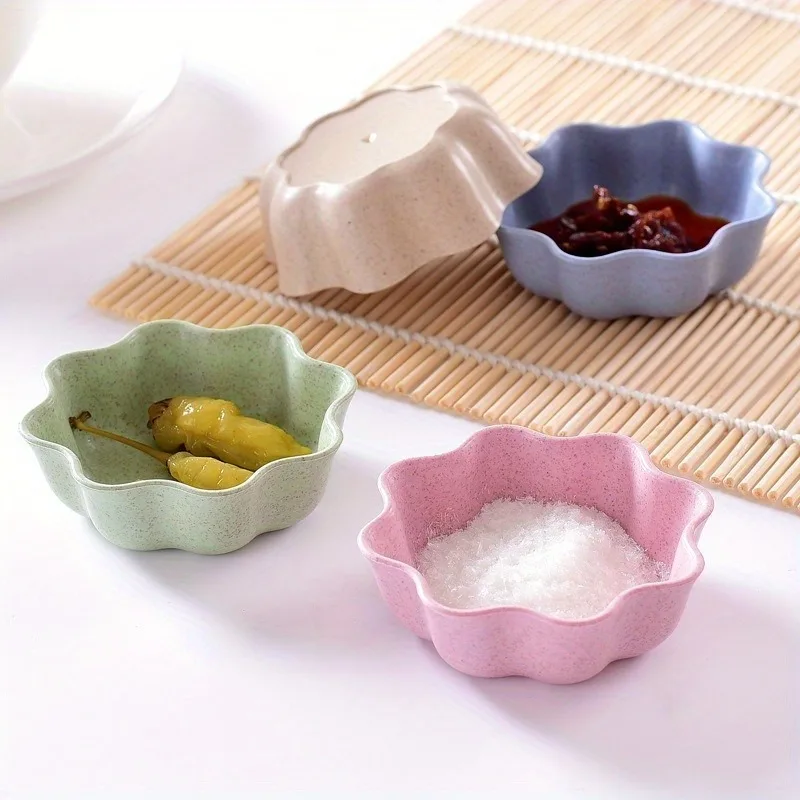 4 unids/set de platos de paja de trigo, Mini cuencos para salsa en forma de flor para aperitivos de sushi, condimentos para inmersión