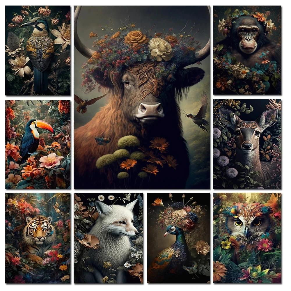 5D DIY Diamond Painting Jungle Animals Flower Plant Cow Lion Deer Wolf Tiger Cross Stitch Mosaic Full Drill Embroidery Y1000