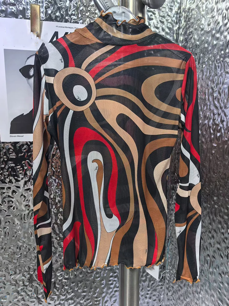 Abstract Printed Gauze Female Upper Collar Ruffled Long Sleeve Slim Elastic Pullover Temperament Bottoming Shirt