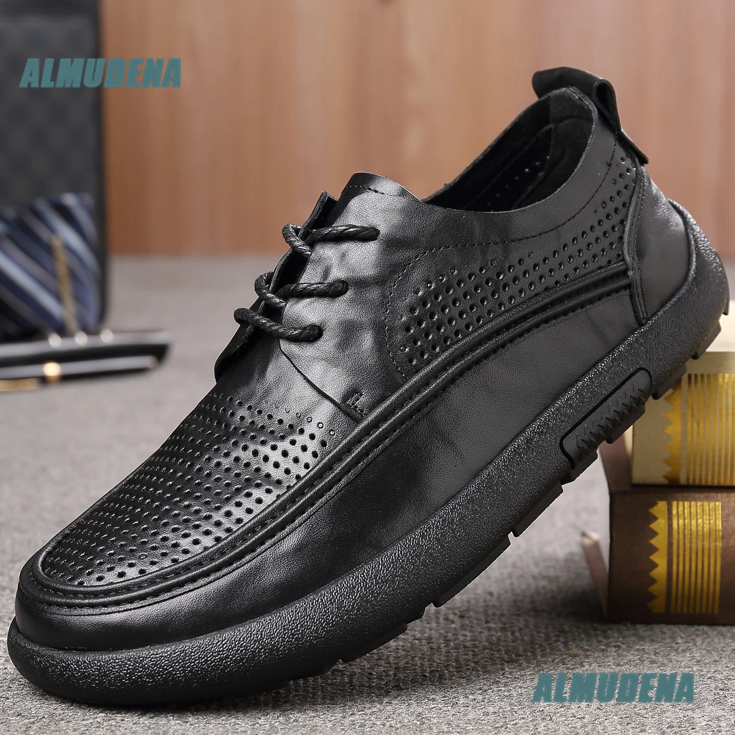 Men's Lace-Up Black Leather Casual Shoes Perforated Hollow Breathable Summer Dress Shoes Thick Soft Rubber Sole Walking Shoes