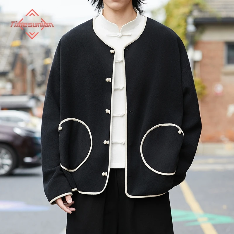 

Elegant Round Neck Polar Fleece Winter Jacket Man Loose Fit Color Block Edge Women's Spring Autumn Fashion Hanfu Outerwear