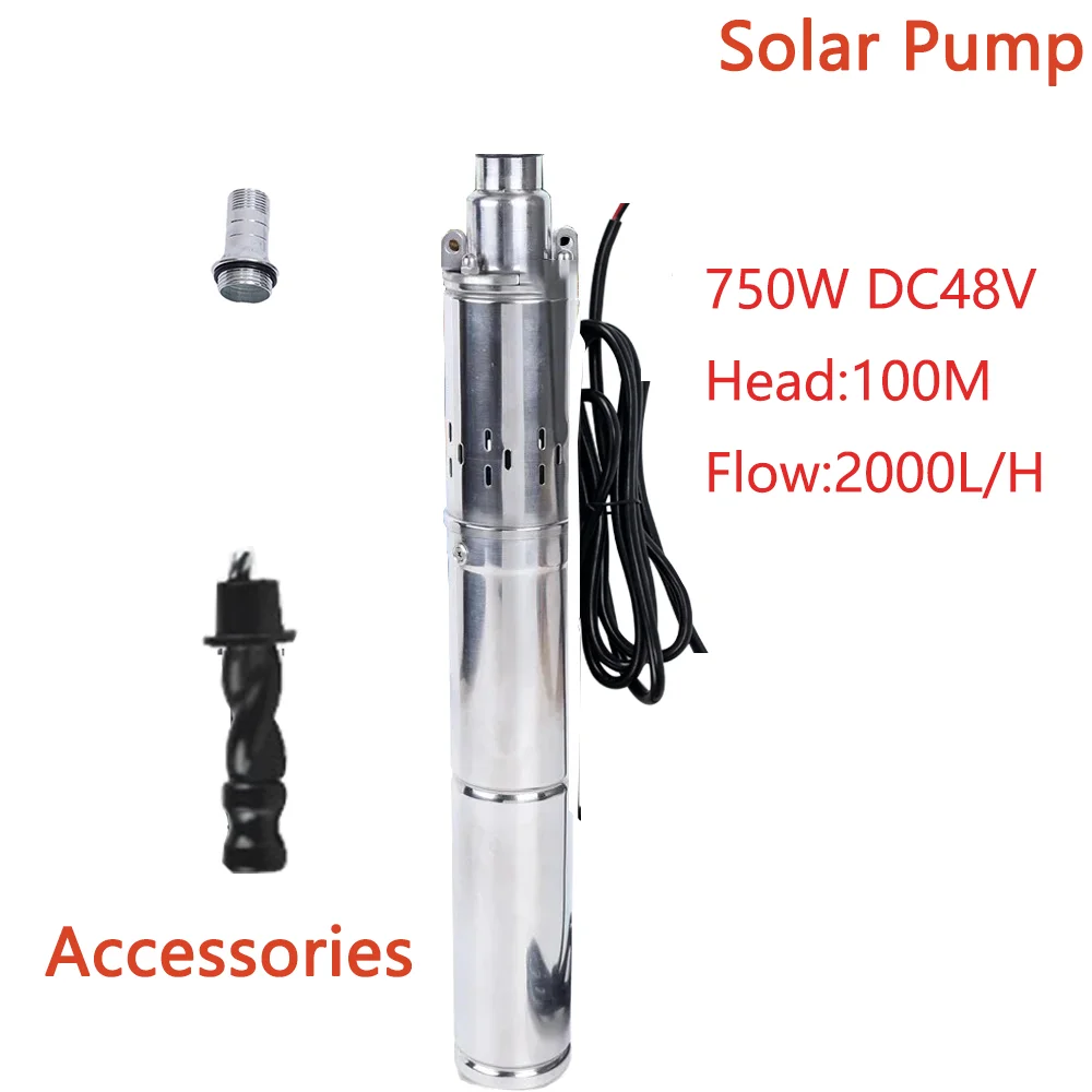 Solar DC Deep Well Pump 750W DC48V Max Head 100M Max Flow 2T/H Solar Brushless Stainless Steel Drilling Pump For Agriculture