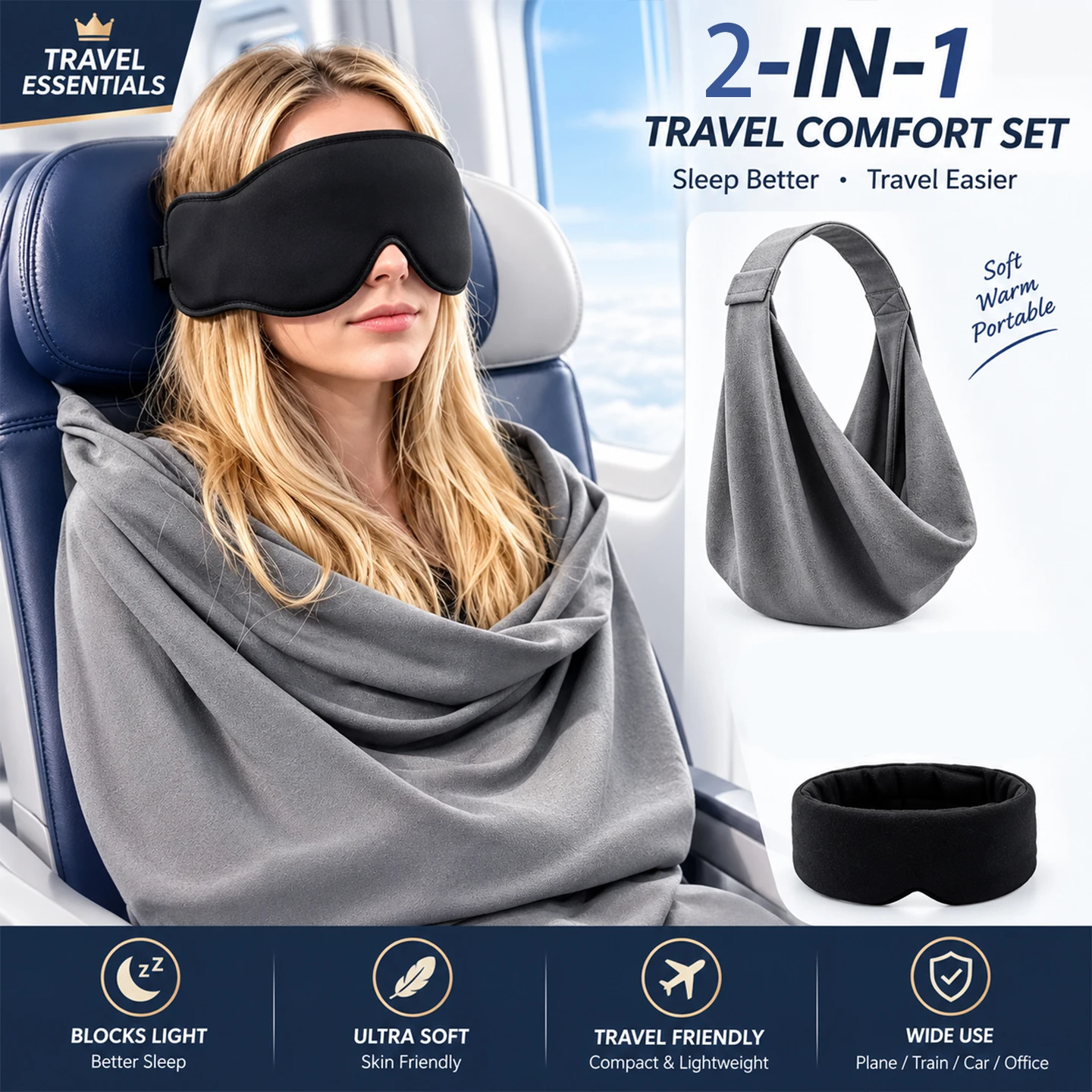 New grey 3-in-1 Adjustable EyeMask Airplane Sleep Support System Travel Pillow Multi-Use Office And Home car Comfortable Pillow