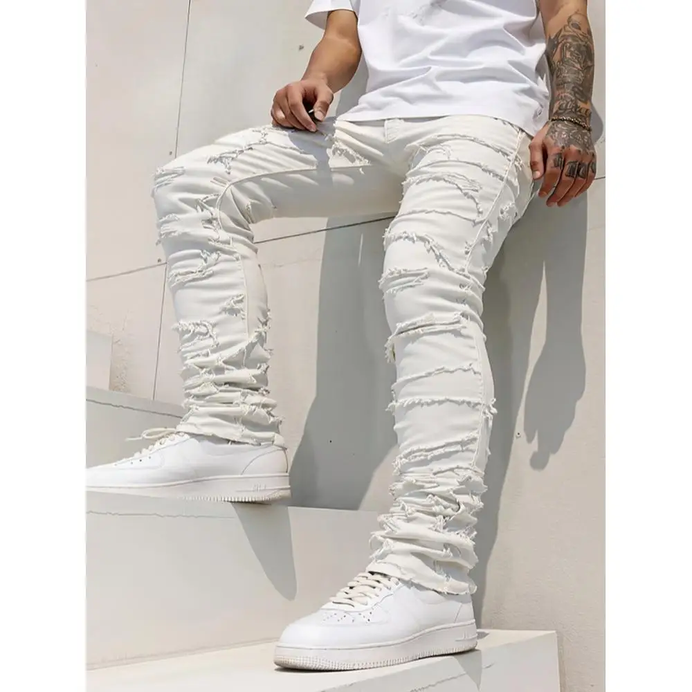 

Plus Size Men's Jeans European and American Heavy-Duty High Street Patchwork Frayed Trendy Straight-Leg Pants