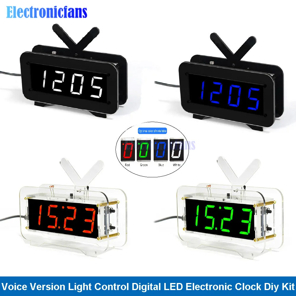 Diy Kit Digital LED Electronic Clock Voice Version 51 Microcontroller Clock Time Light Control Temperature Red/Blue/Green/White