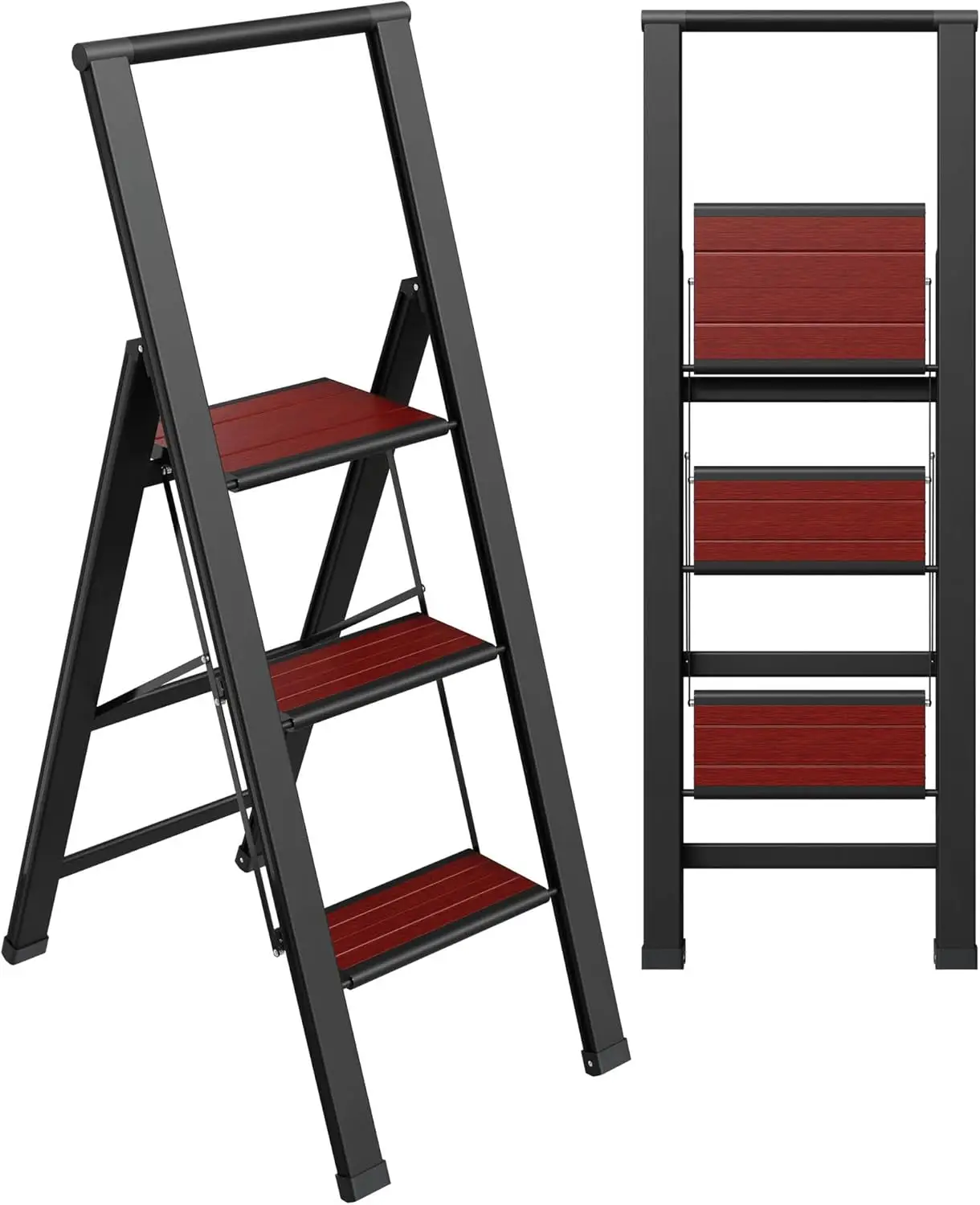 

Step Ladder 3 Step Folding Decorative Beautiful Mahogany Black Aluminum Ultra Slim Profile Anti Slip Steps Sturdy Portable