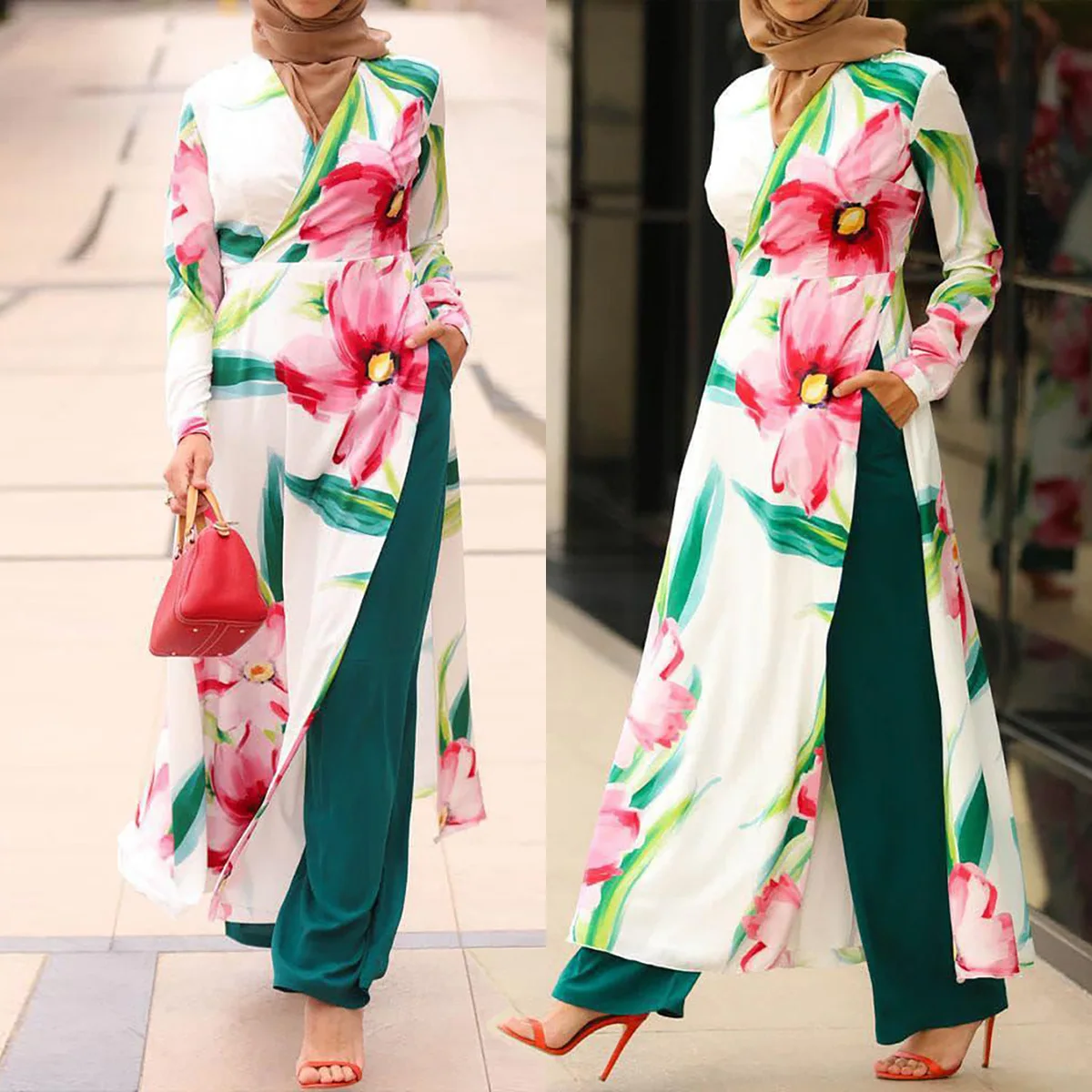 

M253# Muslim Women's Printed V-neck Split Dress Long Pants Two-piece Casual Set Robe Abaya Ramadan Dubai Luxury Islam Elegant