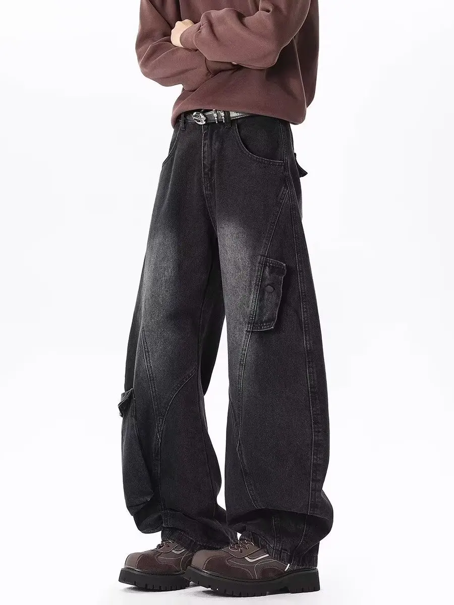 

American Sle Retro Men's Denim Workwear Pants with Big kets Straight Leg Wide Leg Floor Length Loose Fit Autumn Trendy B...