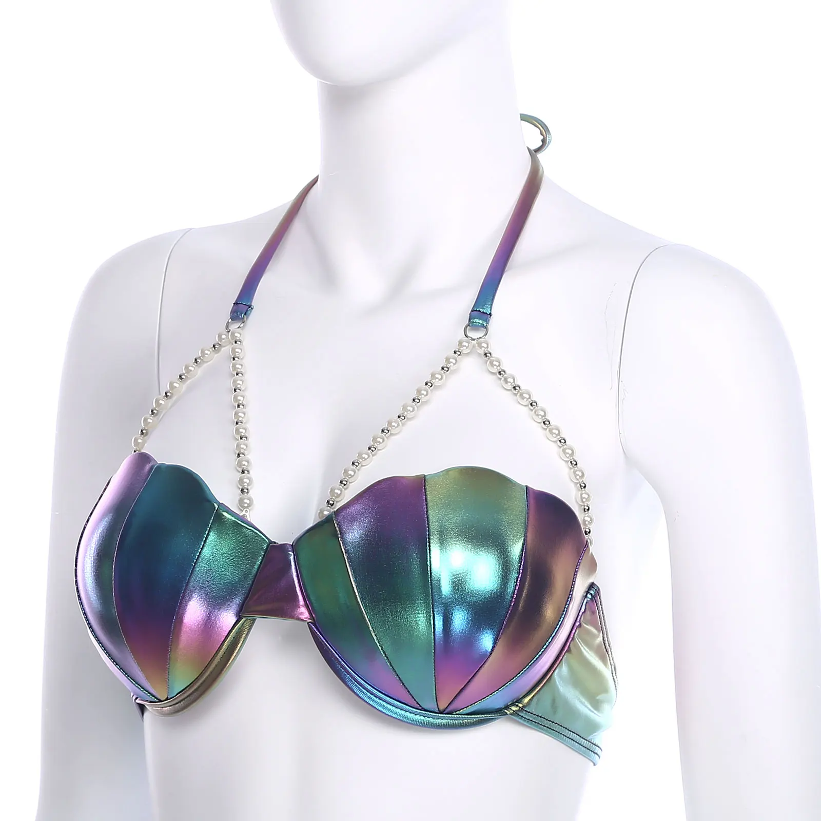 여성 인어 브라 탑 홀터넥 진주 체인 조개껍질 비키니 브라 약간 패드가 있는 브라 탑 하와이 해변 파티 수영복