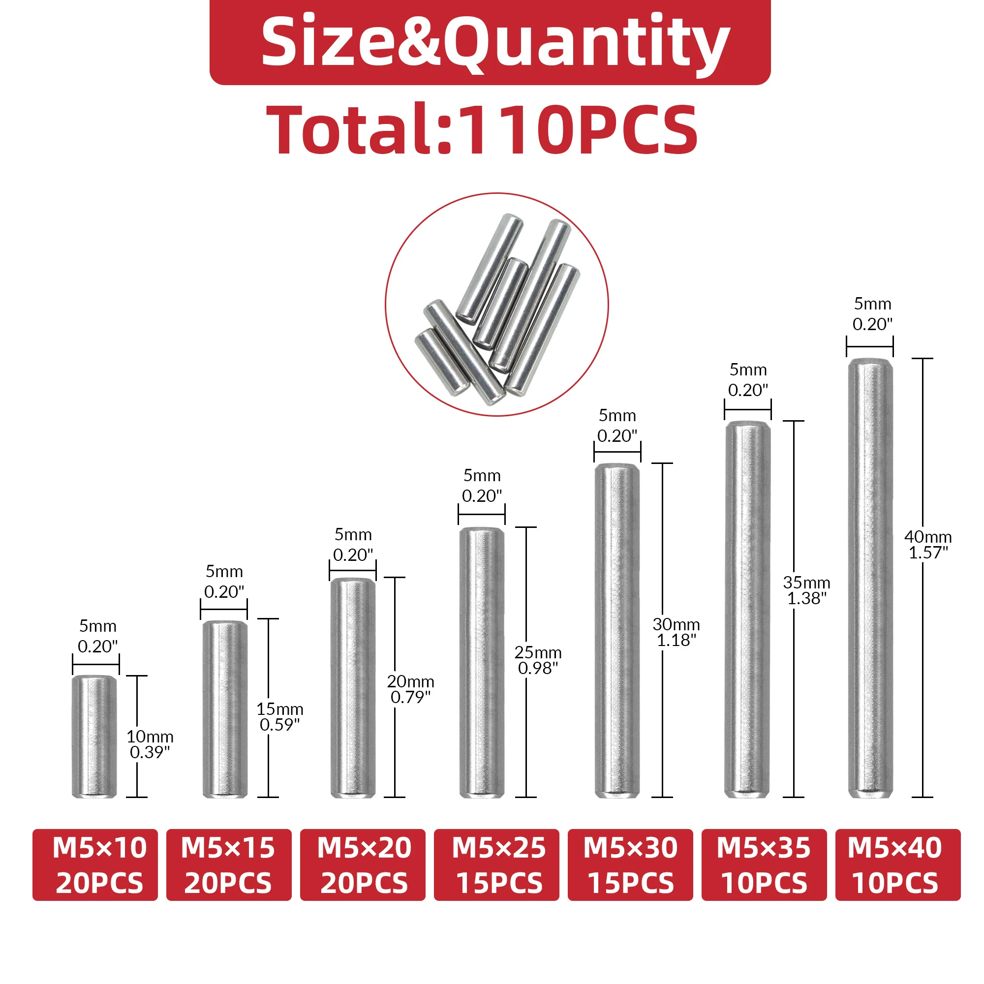 110PCS Dowel Pin Shelf Support Peg Pin Rod Fasten Elements Assortment Kit M5*10mm-40mm Cylindrical Locating Dowel Pin