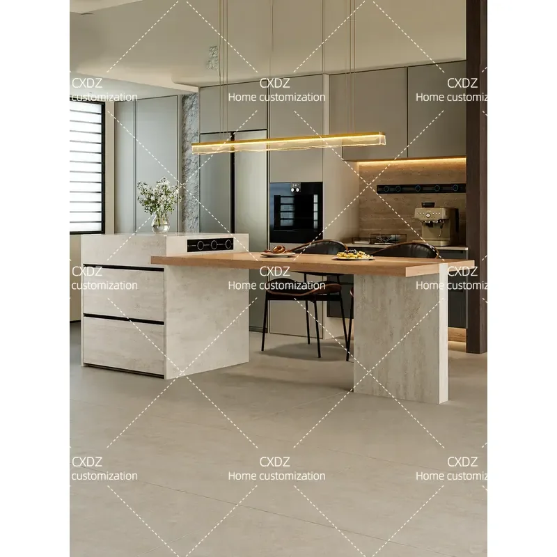 Modern Island Dining Table with Integrated Kitchen Storage Retractable Premium Travertine Rock Slate Surface for Home