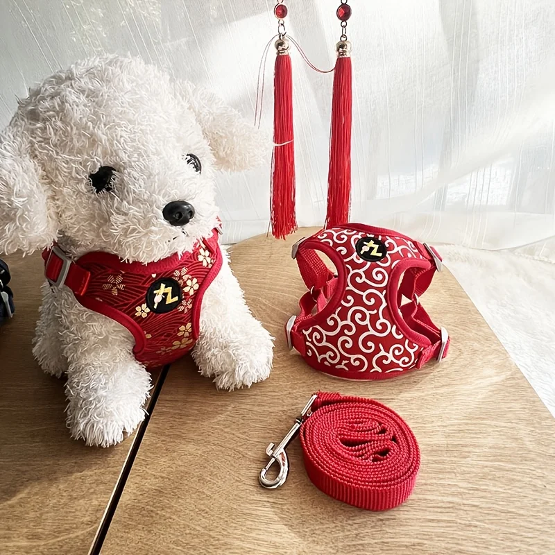 Arnés ajustable para perros pequeños y medianos, sin tirantes, con diseños de colores tradicionales chinos Tang, diseños florales, diseño transpirable y cómodo tipo chaleco, adecuado para paseos, senderismo, pomeranianos, caniches, bichón frisé - Solo lav