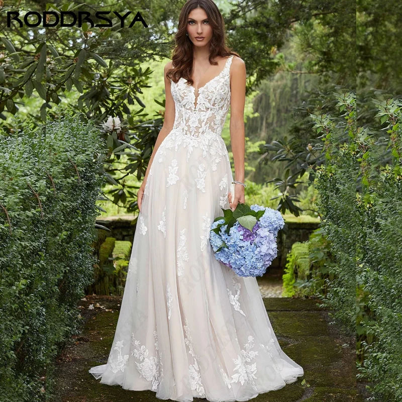 RODDRSYA-Vestido De novia con cuello en V, traje De novia De línea A, tirantes finos, apliques De encaje, ilusión De tul, botón trasero, fiesta De noviaVestido De novia con cuello en V, traje De novia De línea A, tiran